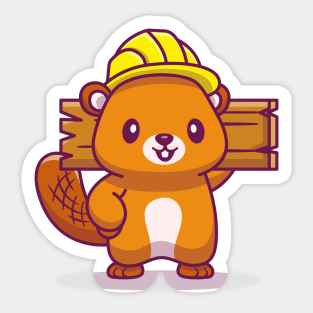 Cute Beaver Handyman Holding Wood Sticker